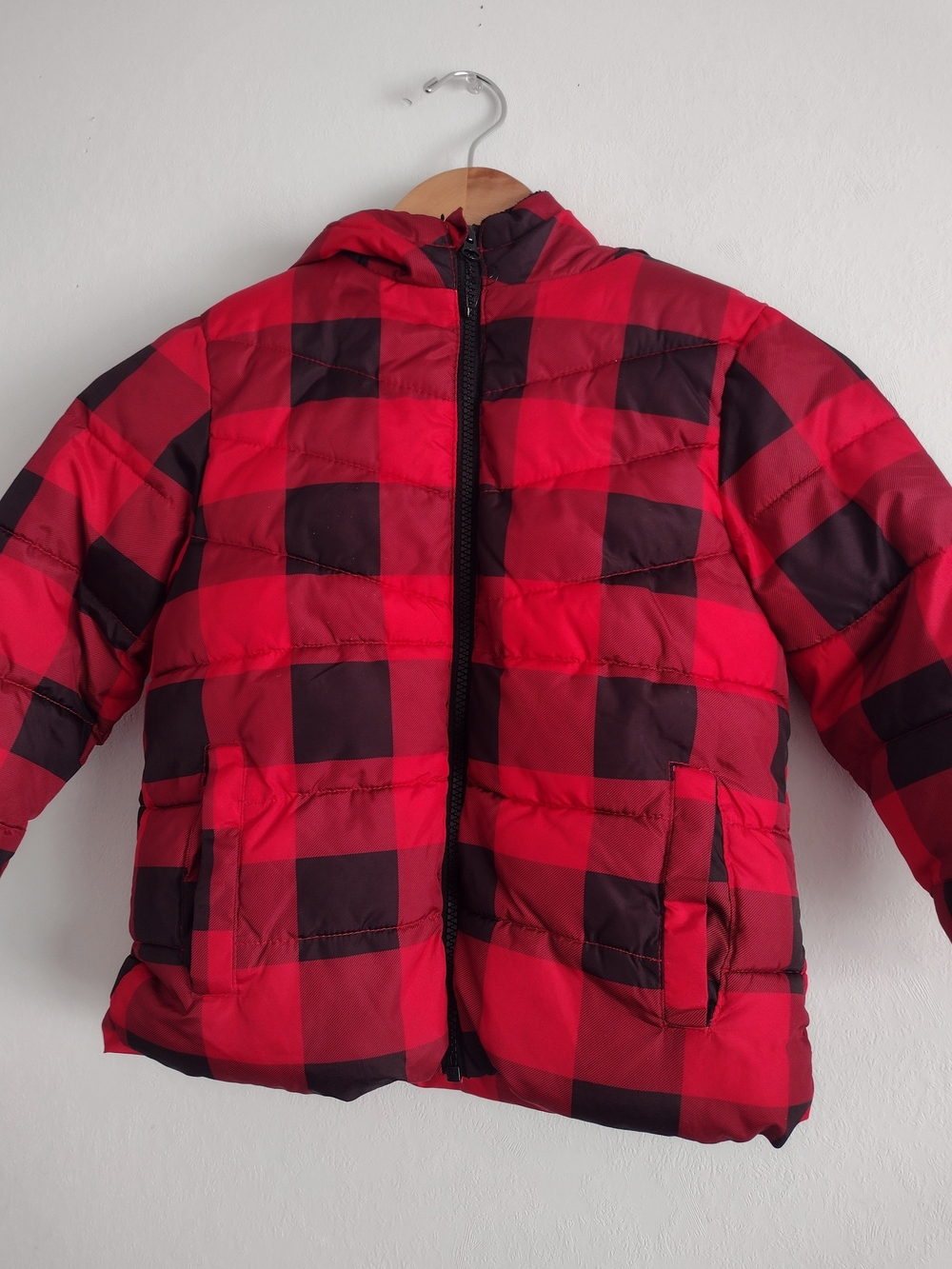 Red Black Plaid Kids Hooded Jacket 4T